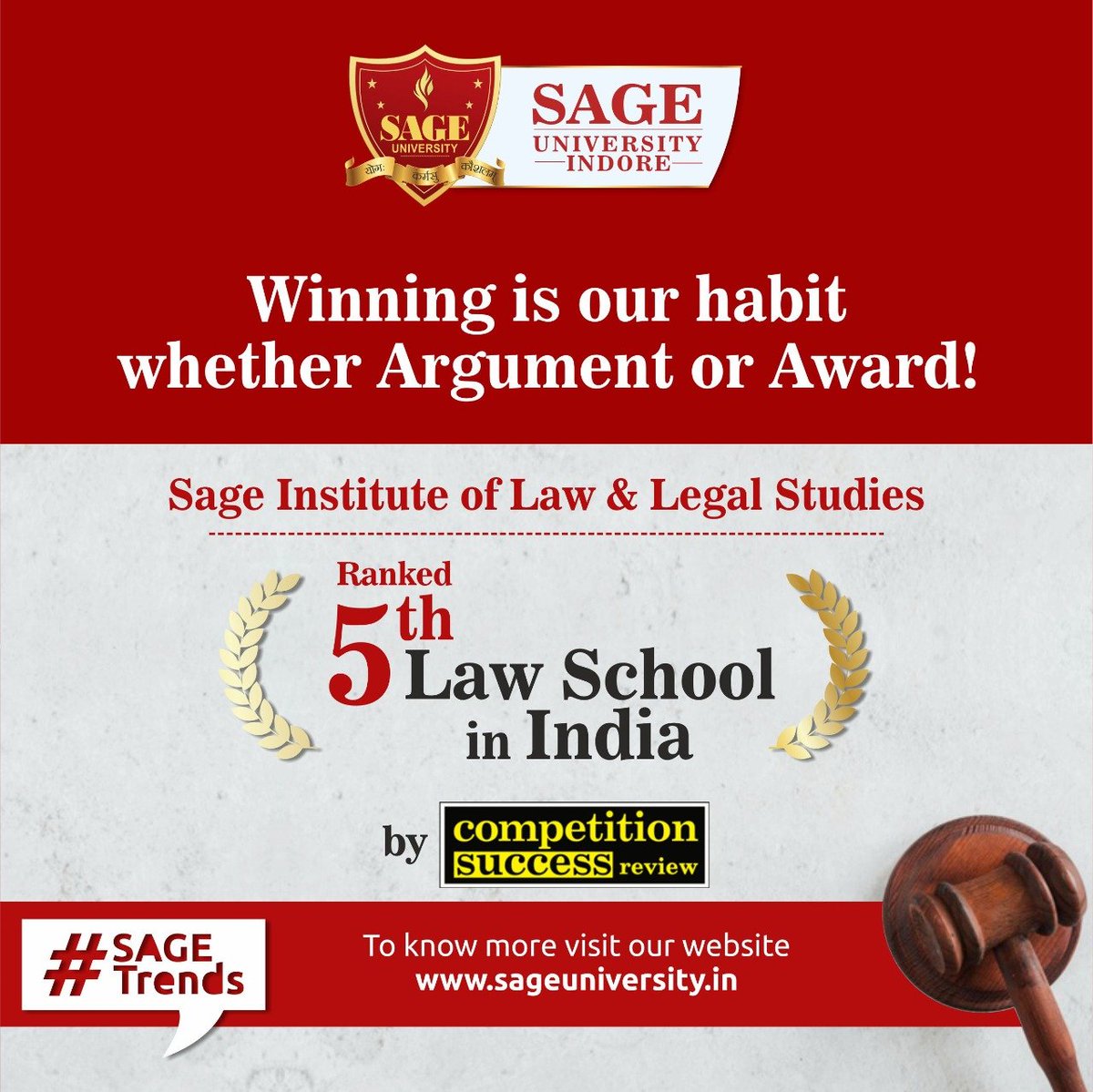 RISHABH25016345's tweet photo. We feel proud when most reputed magazine “Competitive Success Review” ranked as India’s 5th Best Law School.
#BeAPartOfSage #SageTrends #JoinBest #AdmissionsOpen #No1inLaw #BestLawSchool #TopLawSchool #MostAwardedLawSchool #BestUniversity
To know More: https://t.co/ExA445aecb https://t.co/yAJJT6wkVr