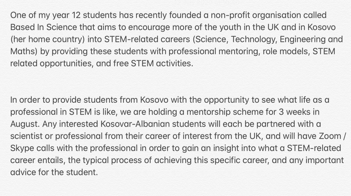 carla_khouri's tweet photo. Can anyone in a STEM related field support one of my amazing science students with her mentoring project for students in Kosovo? 1 hour a week for 3 weeks in August.  #STEM #STEMeducation #edutwitter https://t.co/vTj3YpEcaF