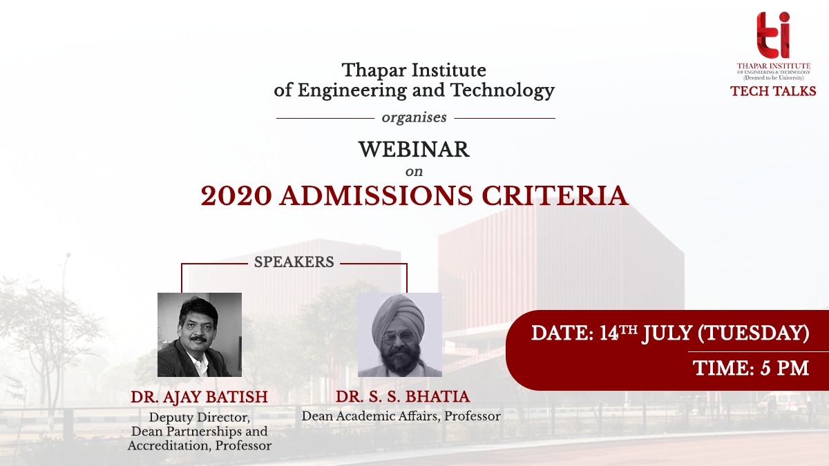 TIETofficial's tweet photo. #ThaparInstitute organises an informative #webinar highlighting the revised BE/BTech #AdmissionsCriteria2020 on Tuesday, 5pm.
A must-attend for #engineeringaspirants eyeing India's premier education institute (ranked 29th in Engineering category by NIRF) for a #promisingcareer. https://t.co/y1H7phggoB