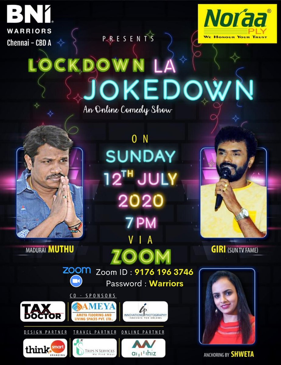 TripsNServices's tweet photo. Comedy Night
Lockdown la Jokedown
#online_entertainment #bnionline #bni_cbda #lockdown2020 #mega_online_event #DRSPlywood #NORAA #TripsNServices https://t.co/Geu8keL1Qx