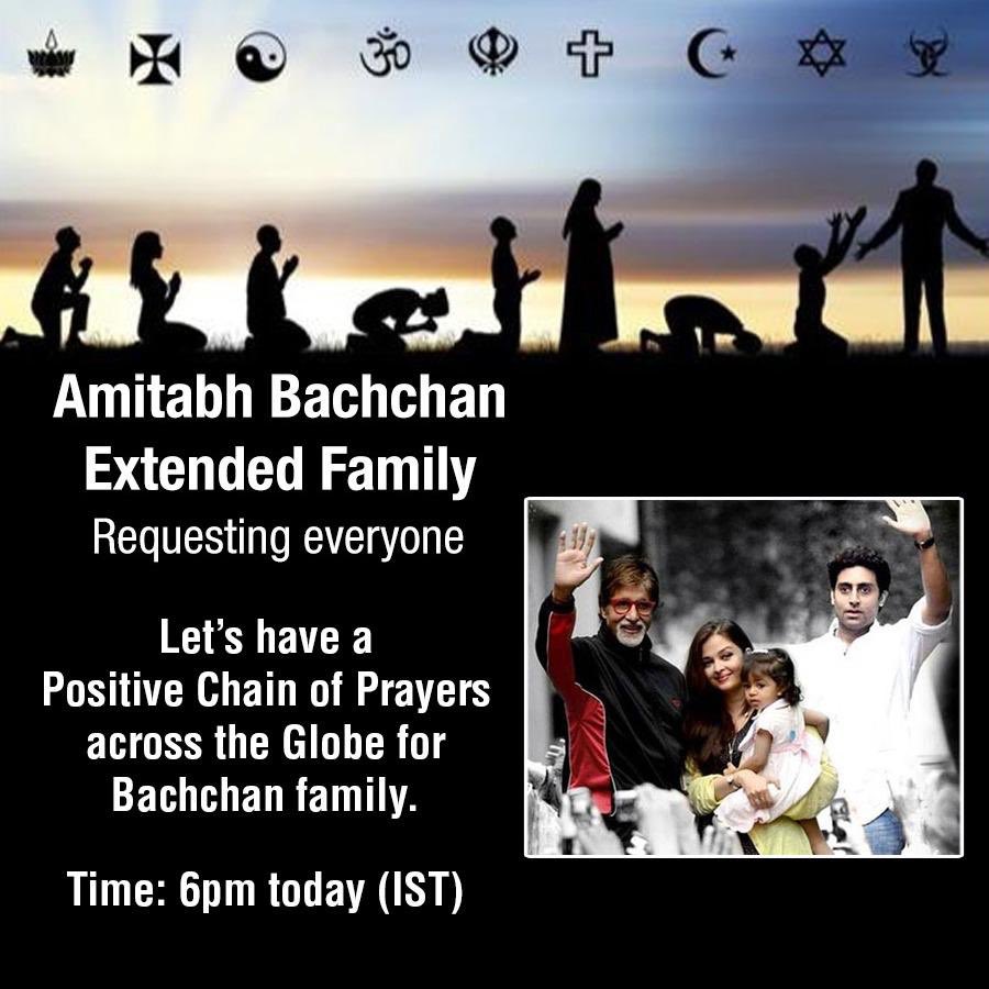 sureshjumani's tweet image. #PrayersForBachchanFamily 
today 6pm (IST) requesting everyone to sit with Family in mediation/Prayer’s /pooja &amp;amp; create positive vibes ❤️🙏🏻 

Get Well Soon Bachchan Family members 🙏🏻 @SrBachchan ji @juniorbachchan bhai #ABEFTeam @mid_day @ABPNews @aajtak @timesofindia @IndiaToday