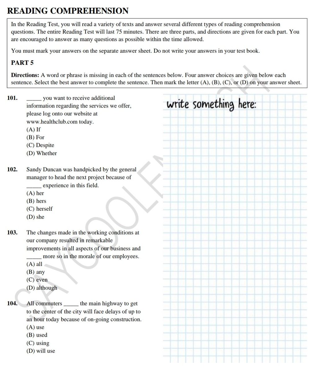 readandpaws's tweet photo. สรุปแกรมม่า #TOEIC และเพื่อให้ได้เทคนิคในการทำข้อสอบพาร์ท 5 ด้วย พี่เอาไฟล์ข้อสอบมาให้ลองทำก่อน แล้วเราจะมาสรุปแกรมม่าที่ออกข้อสอบบ่อยจากทั้ง 40 ข้อนี้กัน (แอบแปะโพสอิทไว้ให้เขียนโน้ตข้างๆข้อสอบแต่ละข้อด้วย 📝) #StudyIdeas 

Link แบบทดสอบ TOEIC part 5:
https://t.co/mLmPc1X2Kq https://t.co/oOS452Cde1