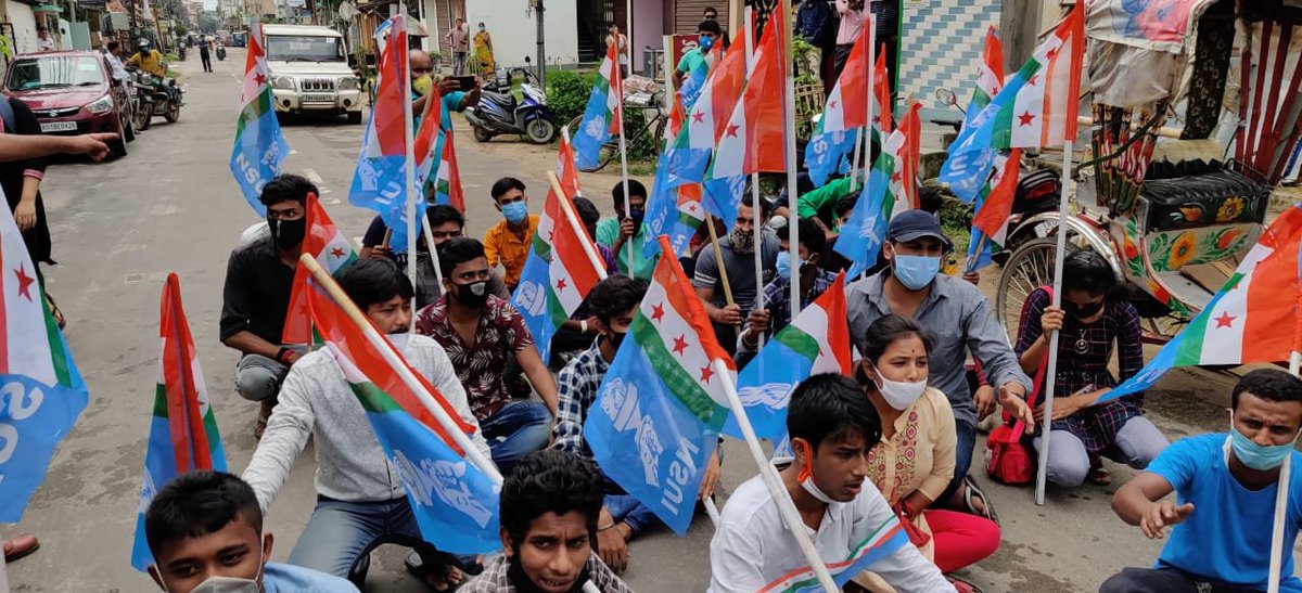 nsui's tweet photo. Tripura NSUI did protest infront of the house of State Education minister against the UGC guidelines. NSUI activists were arrested while they were demanding for Promotion for students &amp; cancellation of exams.  
#NoExamsInCovid
#PromoteStudentsSaveFuture
#SayNoToUGCGuidlines https://t.co/fRhji6hIJI