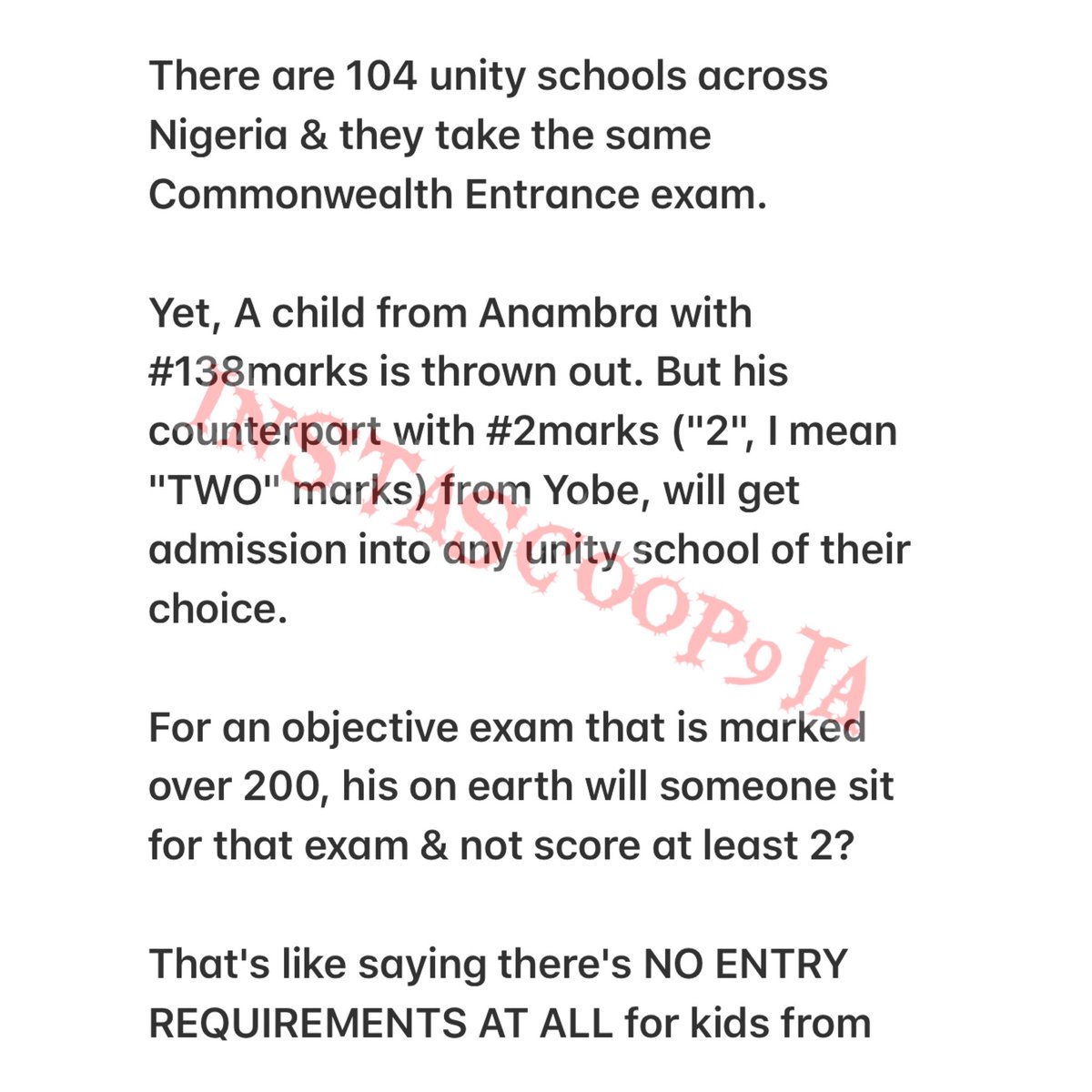 instascoop9ja's tweet image. Exposed!!! A child from Anambra with #138marks is thrown out. But his counterpart with #2marks ("2", I mean "TWO" marks) from Yobe, will get admission into any unity school of their choice.- Man discloses [1/2]
.
.
#thisnigeria #davido #wizkidnews #nigeriankids #nigerianschools