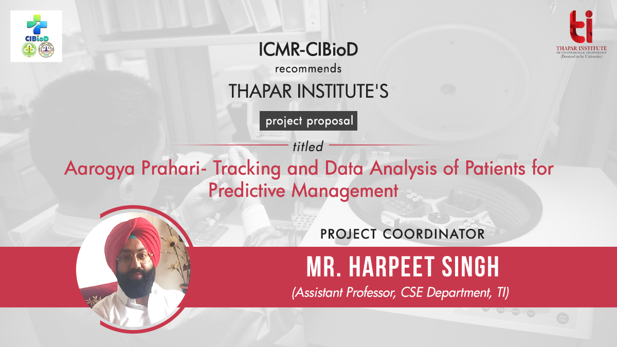 TIETofficial's tweet photo. Indian Council of Medical Research (#ICMR) - Center for Innovation & Bio-Design (#CIBioD), PGIMER (Chandigarh) funds Thapar Institute's project “Aarogya Prahari- Tracking & Data Analysis of Patients for Predictive Management” through STEP- TIET.
#ThaparInstitute #ProjectProposal https://t.co/EiCet1zIOr