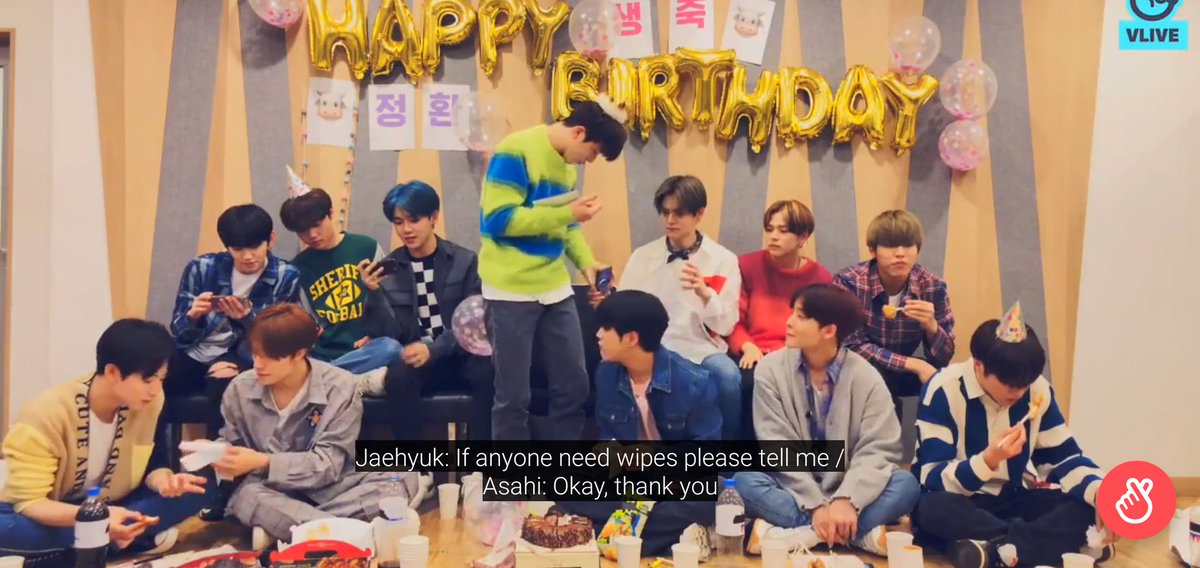 Also in vlive jaehyuk has taking care the members to the fullestI really forgot which vlive but there's one time jaehyuk bought seaweed soup for the members (i forgot who) since that day was their birthday  and jihoon said "now he good at taking care others too"