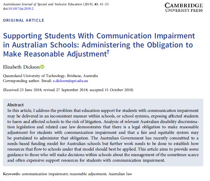 This week (as I recovered from having my wisdom teeth out ) I have done a lot of reading. Here is a real gem, published 2019 by Dr Elizabeth Dickson, legal scholar  @QUTI'm going to tweet some reflections...  #slpeeps and  #EducationSLP folks may be interested.