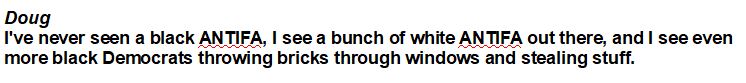 Doug saying that white people protesting are ANTIFA while black people are just looters.