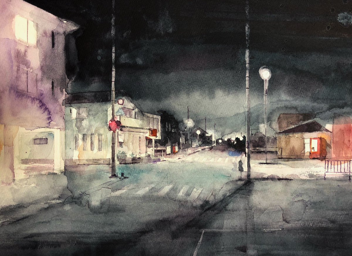 Twitter 上的 Mouen 夜の街を練習 実家の前の道 田舎やから光源少ないw 水彩画 風景画 Watercolour T Co W8cu85p28b Twitter