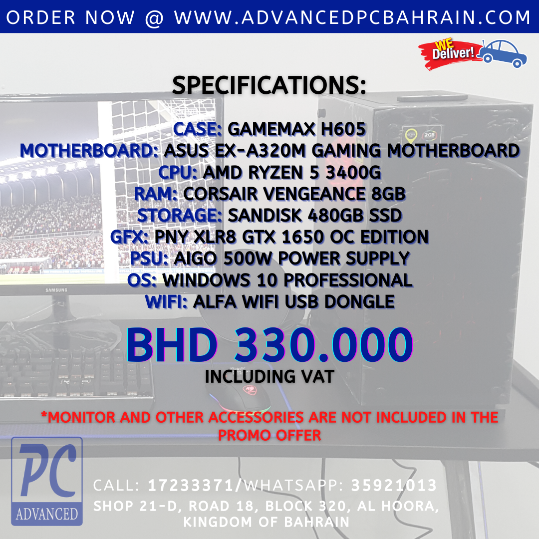 AdvancedPcbh's tweet image. Don&apos;t miss out on this Advanced PC Budget Gaming System OFFER!

ORDER IT NOW! at advancedpcbahrain.com or WhatsApp 35921013 to place your order.

#Bahrain #Manama #BahrainGamers #BahrainGaming #PCGamers #OnlineShopping #OnlineDeals