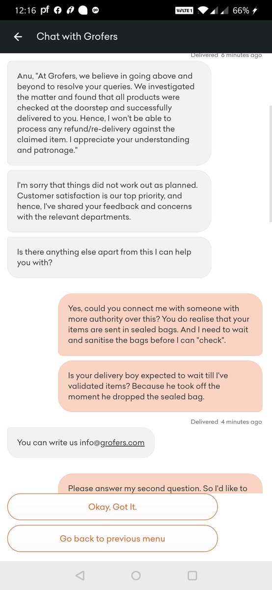 gori_geous's tweet photo. @Grofers You really need to work on your customer service. What's the point if the person at your end refuses to entertain my question and rudely disconnects the chat! #grofers #CustomerService #Sad #disappointed https://t.co/zFdipJXLoW