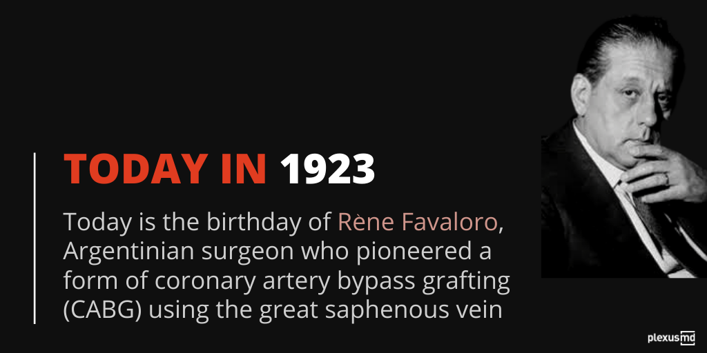 plexusmd's tweet photo. In 1967, Favaloro successfully performed bypass surgery on a woman; the procedure involved hooking the patient to an artificial heart-lung machine, removing a saphenous vein from her leg, and using the vein to form a bypass around blockages in her heart
#TodayInHistory #PlexusMD https://t.co/wR5eoGC7fV