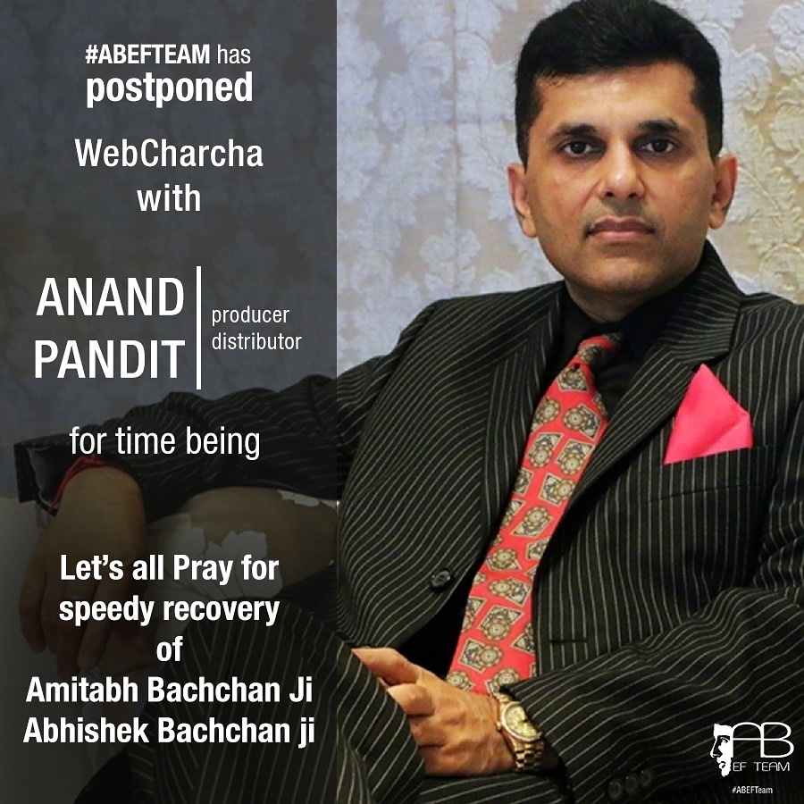 pratik0310's tweet photo. Dear EFs across the world,
#ABEFTeam has postponed the Episode 2 of #WebCharcha with Shri Anand Pandit ji for the time being. We request you all to pray for the speedy recovery of Shri Amitabh Bachchan Ji and Shri Abhishek Bachchan. https://t.co/OUb1RCn2f5