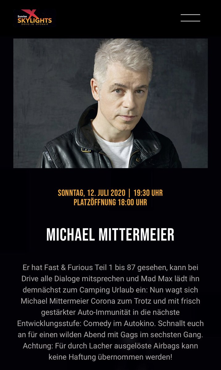 borisbaldinger's tweet photo. Wer hat heute Abend Lust auf #MichaelMittermeier? Habe ein GoldenCircle Ticket für das SunriseSkylights Drive-In (1 Auto/2 Personen). 150.- CHF (statt 200.-). https://t.co/FUKgVdPUM9