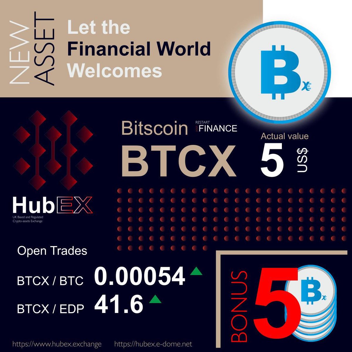 ekstremsporlar's tweet photo. BTCX  coin is listed at #HubEX
initial price  ~5USD 
trade pairs:
BTCX / BTC
BTCX / EDP
Bonus program - 5BTCX for each purchase.
https://t.co/vXVCV5P1ZZ
#hubex  #edomers #edp #btc #BTCX #trading #exchange https://t.co/bE7KuYnbcT