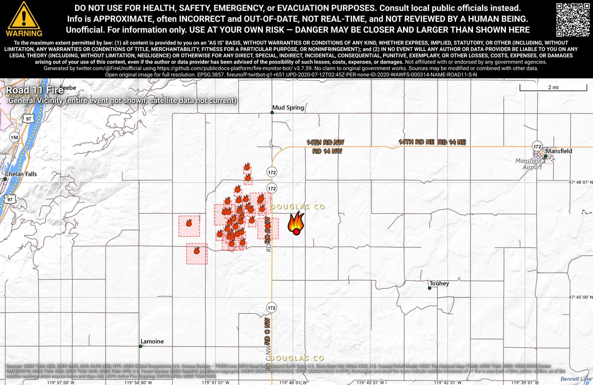 PacNWFireBot's tweet photo. #Road11Fire 🔥 unofficial, automated update.
~7mi WSW of Mansfield, WA. ⚠️ DO NOT USE FOR SAFETY PURPOSES - See officials instead. May be incorrect; disclaimers in images. https://t.co/dBOq6TWW4H