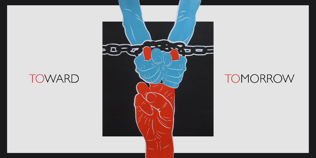 lavazzagroup's tweet photo. The winner of #TOwardTOmorrow is Rob Thomas with "Peace + Justice", a powerful representation of Goal 16. The bound hands of justice grab tightly the fingers of the peace symbol binding both as strong institutions. #PeaceJusticeandStrongInstitutions. https://t.co/20ES9cWyIq