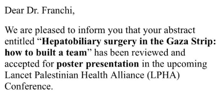 elo_franchi's tweet photo. So happy that our (initial) research on #HPB surgery in Gaza Strip (@PcrfItalia e @Rainbow4Africa) can be presented at the meeting of @TheLancet Palestinian Health Alliance #LPHA. Hope our co-authors will be allowed to present it with me, @daniele_dondo e @StefanoR4A at @BirzeitU https://t.co/waeGPxTbta