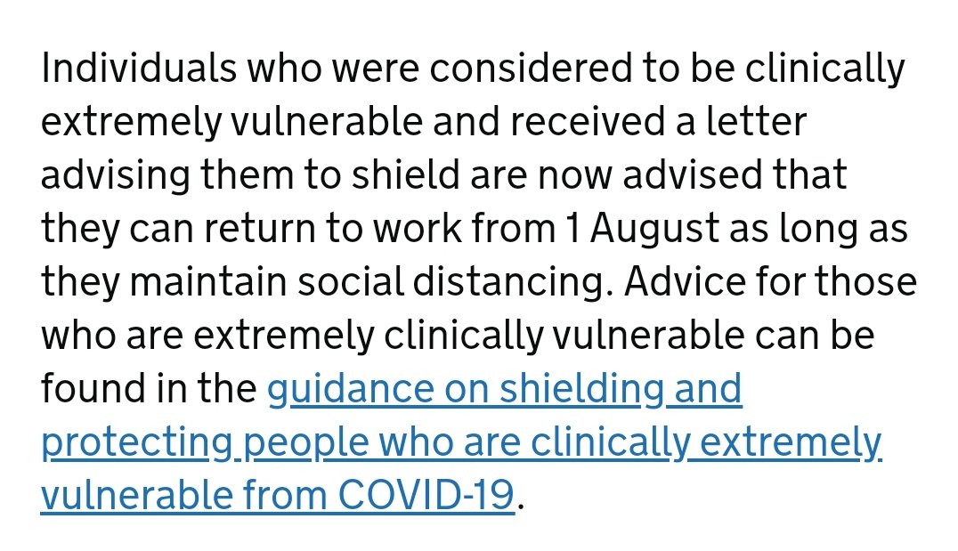 4/ DfE says it's fine for the extremely clinically vulnerable to return as long as social distancing is maintained. However the rest of the guidence wherever social distancing is mentioned uses terms like 'try', 'where possible' etc