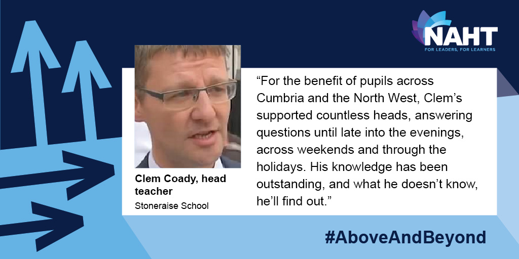NAHTnews's tweet photo. Clem Coady is the head teacher at Stoneraise School. He has been nominated for going #AboveAndBeyond to support his local school communities through the extraordinary challenges of the past few months. https://t.co/Pa1LfApYPy