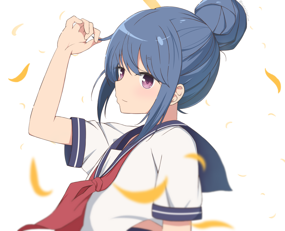 shima rin 1girl solo hair bun school uniform blue hair single hair bun white background  illustration images