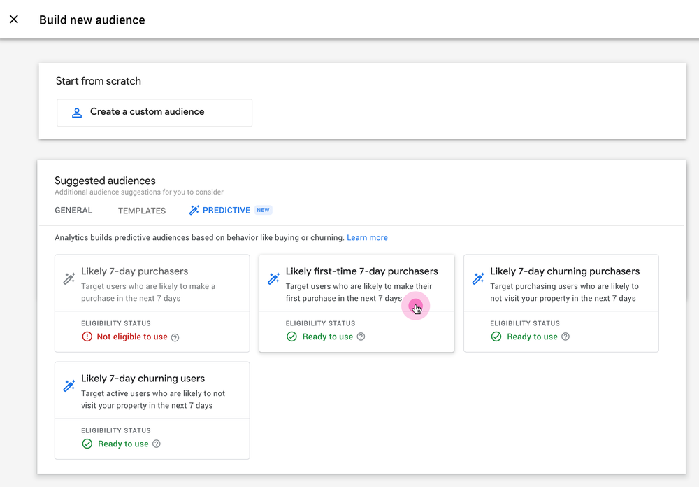 seostratega's tweet photo. Analytics añade dos nuevas métricas "predictivas" a sus propiedades app+web: probabilidad de compra y probabilidad de churn (que un usuario no vuelva en los siguientes 7 días)
 https://t.co/SO6S4yG0TM https://t.co/qsAJ18chgF