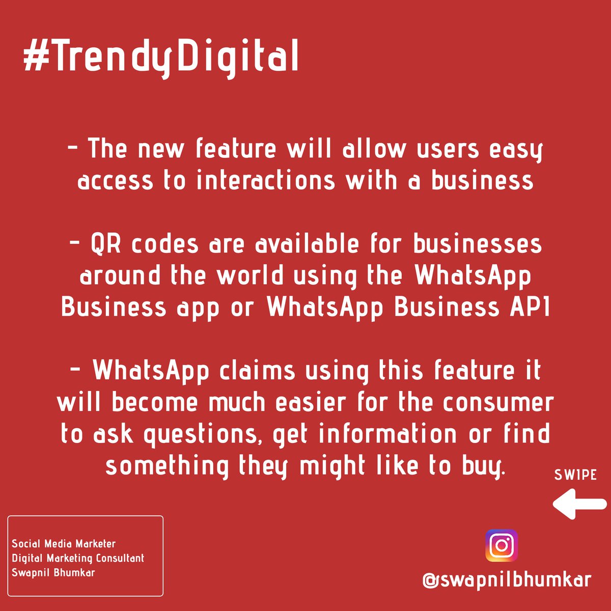 SwapnilMBhumkar's tweet photo. WhatsApp new feature: Business owners can now use QR codes to reach customers.
.
- The new feature will allow users easy access to interactions with a business

#whatsapptips #WhatsApp #whatsappupdates #whatsappbusiness #businessowners #qrcodes #trendydigital #swapnilbhumkar https://t.co/SNin1Am1yH