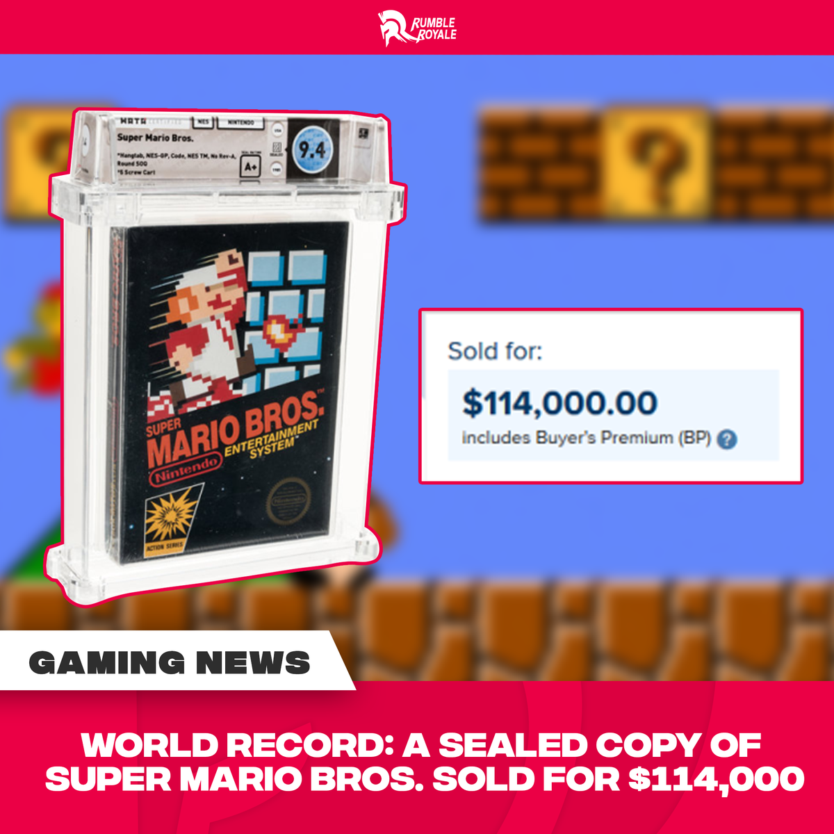 RUMBLE ROYALE on Twitter: "RECORD BREAKING‼️ A sealed copy of Super Mario  Bros. has just been sold for 114,000 US Dollar surpassing the previous  record for the sale of a single game!