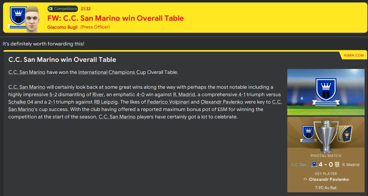 Not exactly a major tournament, but another trophy for San Marino after we win the International Champions Cup. The highlight was definitely a 4-0 demolition of Real Madrid...  #FM20