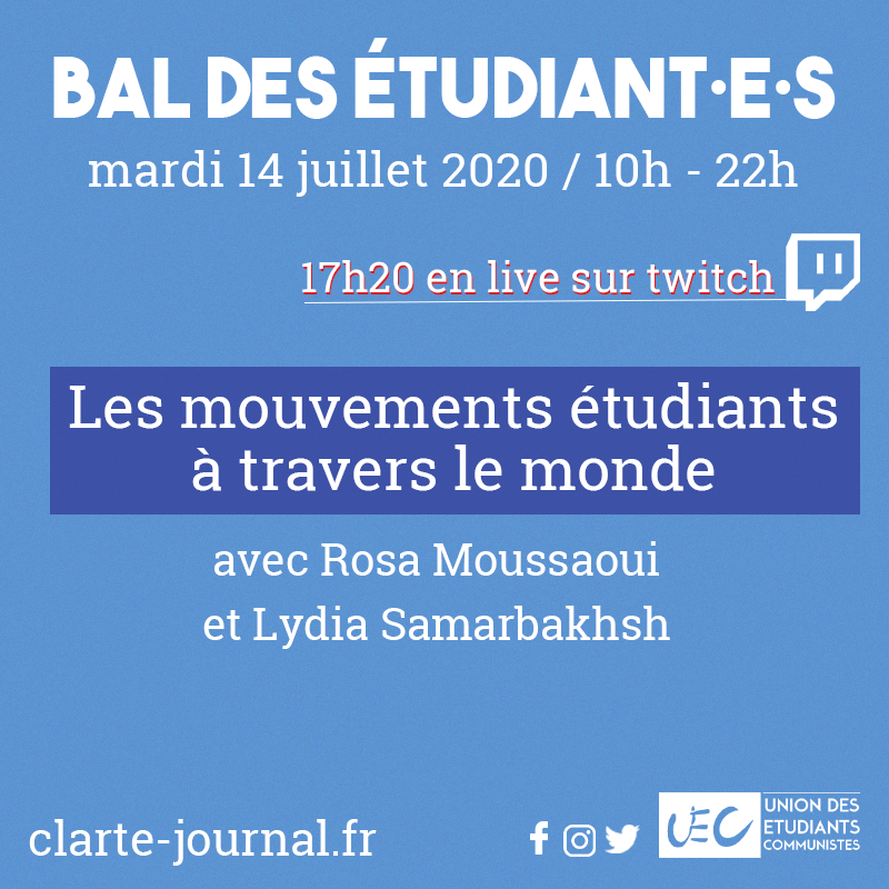 On se retrouve le 14 juillet à partir de 10h en live sur Twitch pour parler des mouvement étudiants à travers le monde avec @Rosamoussaoui  et @LySamarbakhsh  🎥

À suivre sur Twitch : twitch.tv/clartejournal