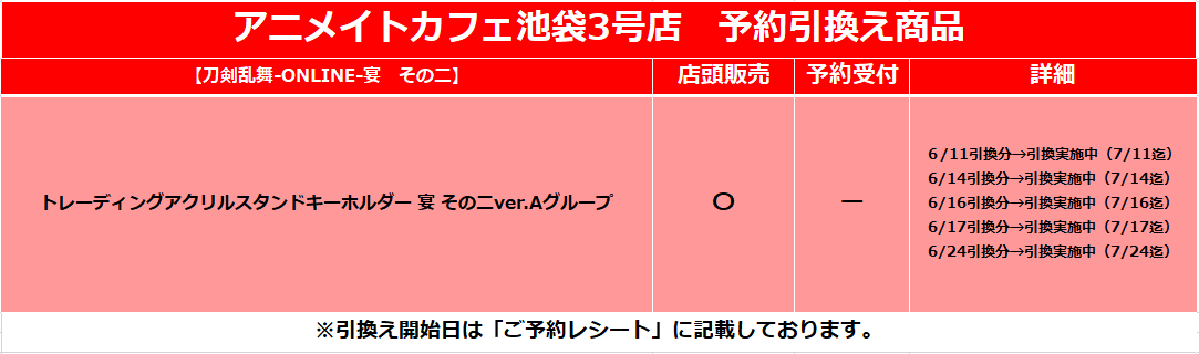 アニメイトカフェ池袋3号店 お知らせ 刀剣乱舞 Online 宴その二 コラボ開催時にご予約 を承っておりました トレーディングアクリルスタンドキーホルダー Aグループ の引換を実施しております ご予約時にお渡ししております予約レシートをお持ち