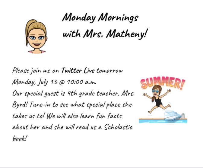 wresWildcats's tweet photo. Tomorrow is Monday Mornings w/ Mrs. Matheny!!! Please join me on Twitter Live at 10:00 am! I wonder where our special guest will take up?! #WESsummerFUN https://t.co/VMrBQp8f5M