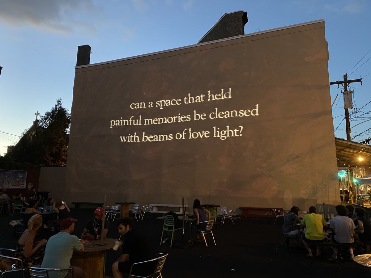 Monument_Lab's tweet photo. Last night’s projections on the site of the former Rizzo mural wall in Philadelphia, marking a month since its removal. https://t.co/oTkD6Z6brO