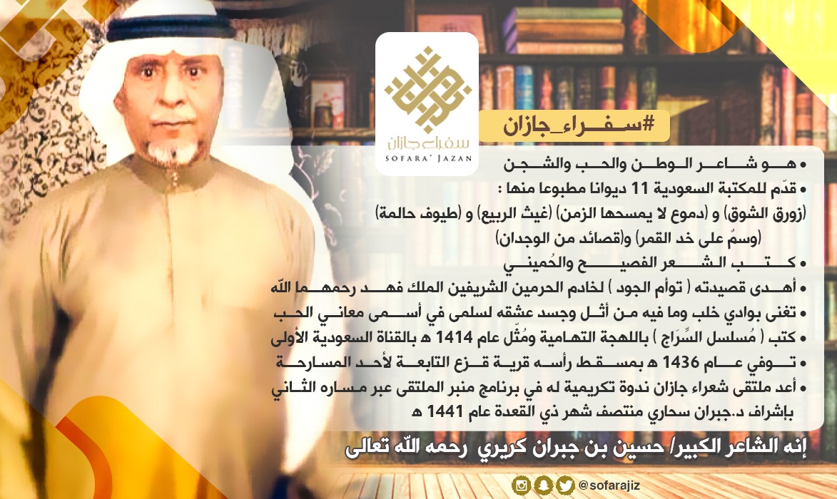 sofarajiz's tweet photo. #سفراء_جازان 🔄
• من قرية قزع بأحد المسارحة
• هو شاعر الوطن والحب والشجن 
• قدّم للمكتبة السعودية ١١ ديوانا مطبوعا 
• كتب مُسلسل السِّرَاج باللهجة الجيزانية
• أهدى قصيدته ( توأم الجود ) - لخادم
الحرمين الشريفين م.فهد | رحمهما الله
أ. حسين بن جبران كريري https://t.co/LW3YUzNHBx