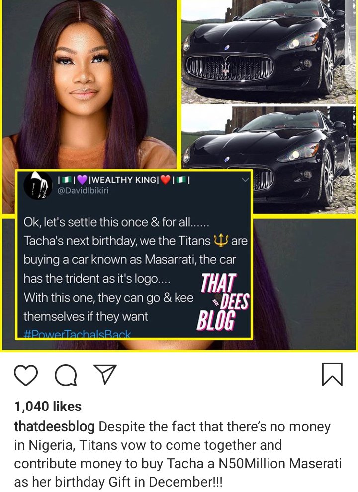 This tweet is all over blogs 😂😂😂
God please come through for all Titans financially so that we can afford this car🙏🙏🙏
#FocusOnTacha