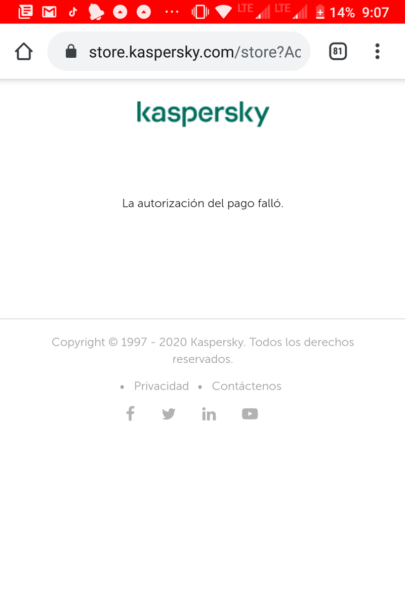 alhed's tweet photo. @KasperskyLatino buen día porque no sirve su tienda en línea? Me marca error en transacción. Me urge comprar licencia. https://t.co/L4TstGLeJX