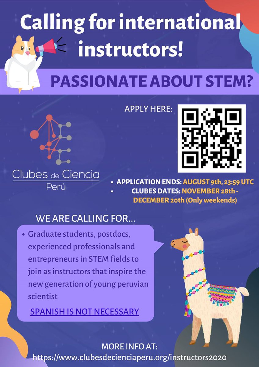 CdeCPeru's tweet photo. 1`
[CALLING FOR INTERNATIONAL INSTRUCTORS 2020]
#ClubesdeCienciaPeru2020  #CdeCPeruVirtualEdition
¡Estamos buscando instructores internacionales!
We are looking for instructors! https://t.co/crgpneiMJI