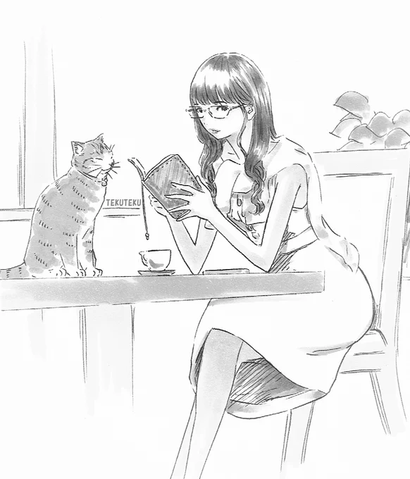 #モノクロにするとカッコ良く見える魔法がかかる 
猫好き読書好きメガネ女子とトラ猫にゃん♡ 