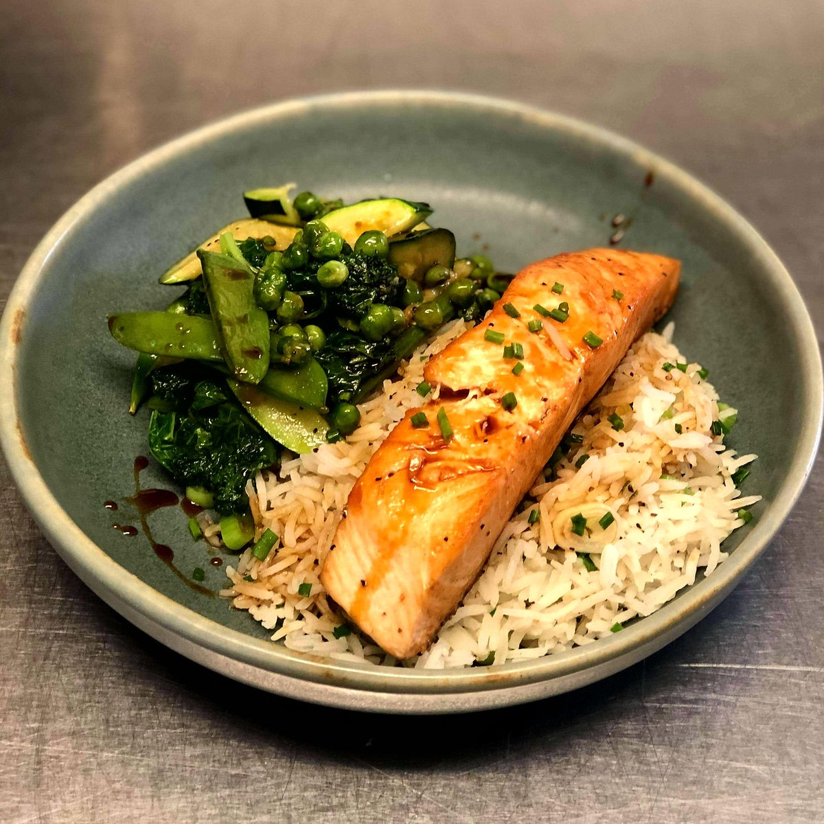 From our new menu
Pan seared salmon fillet, spring onion and chive rice &amp; fresh green vegetables with a honey, soy &amp; sesame sauce. Yum!