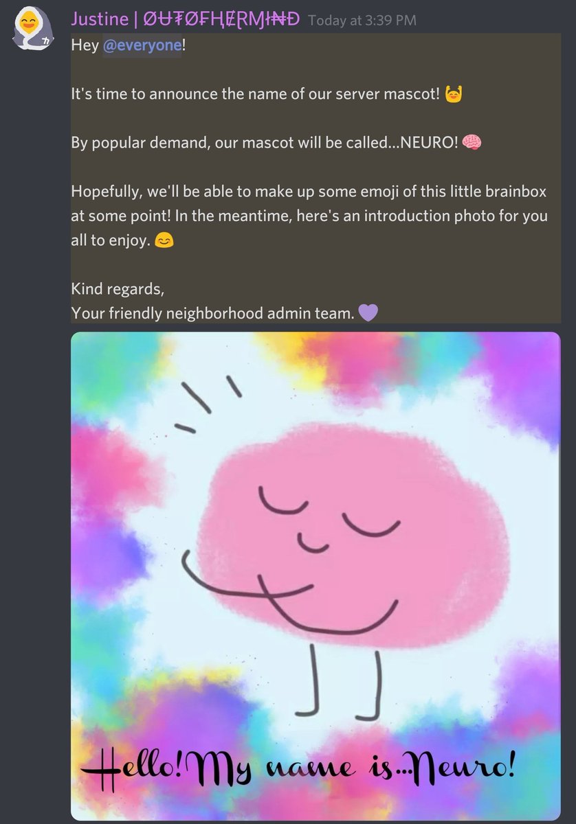 SupportScape_RS's tweet photo. We held a poll in the server, and let or members vote for our new mascot's name from a list of names our admins chose.
Everybody, meet Neuro! ๐ง
#servermascot #supportscapers #supportscape #mentalhealthserver #selfcare #communitycare https://t.co/Ak1OVj1wad