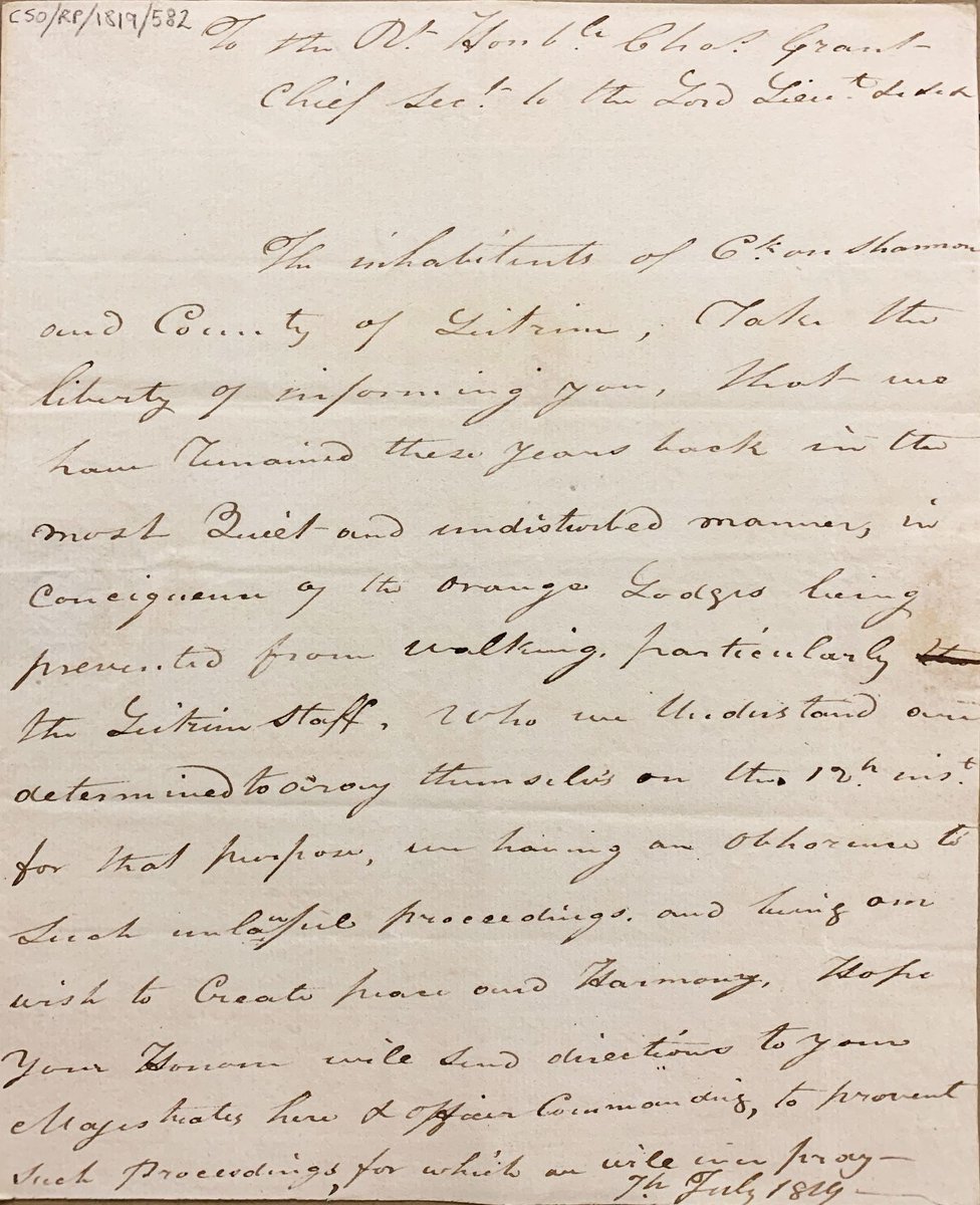 NARIreland's tweet photo. #OnThisDay in 1819 a procession of Orangemen of Leitrim was due to take place in Carrick-on-Shannon. This letter to Dublin Castle requests prevention of the march by local magistrates for fear of disruption to the peace. Full record: https://t.co/nlaiRc8dX1 #CSORP https://t.co/tNnYiQvLLw