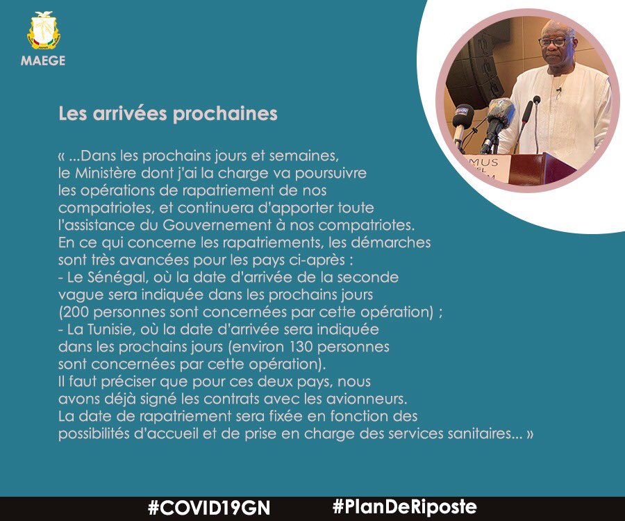 #ConferenceDePresse
#PlanDeRiposte
Retrouvez en visuels, les points forts du discours de SEM Mamadi TOURÉ, lors du point de presse sur les dispositions prises par son Département, en cette période de crise sanitaire mondiale.

<a href="/GouvGN/">Gouvernement GN</a> 
<a href="/Presidence_gn/">Présidence de la Guinée</a> 
#COVID19GN
#Cooperation