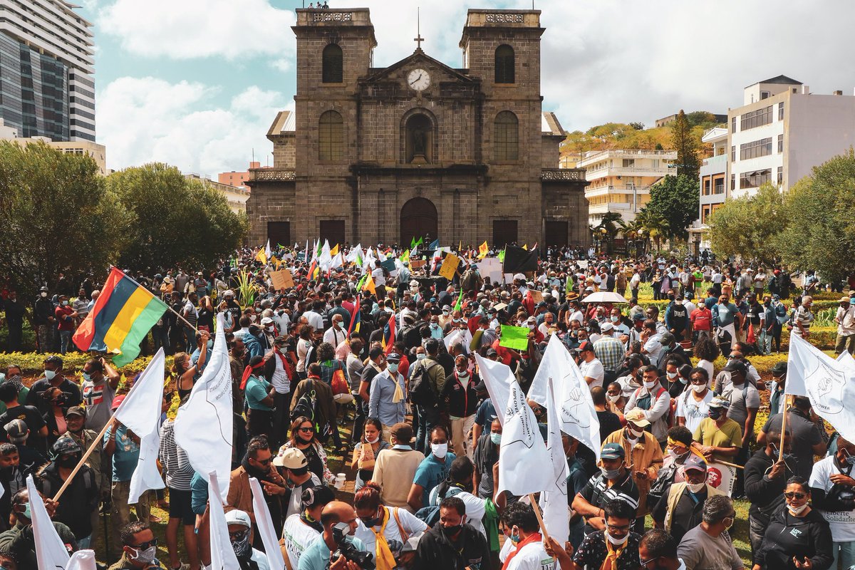 Adrian_Bund's tweet photo. Demonstration yesterday #Mauritius (7 months after controversial election). 
#COVID19 used to install a form of dictatorship and dismantle:
>people's rights
>worker's rights
>rights to old age pension
High cost of living
Squandering public fund
Neocolonialism
Corrupted politics https://t.co/wq2wnCnxCC