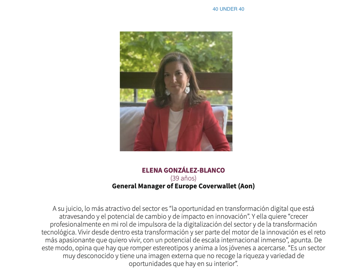 elenagbg's tweet photo. So proud to be part of the #40under40 in Insurance! thanks @Inese_seguros and @ajps_spain! https://t.co/Y4TbTxsjNx @Aon_Espana @CoverWallet https://t.co/4oVFNBQWoA