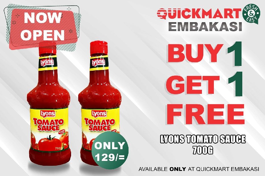 QuickmartKenya's tweet photo. Don't miss out on the great offers at Quickmart Embakasi. Buy Lyons tomato sauce 700g and get another one FREE!
#QuickmartEmbakasi
#NowOpen
#GreatOffers
#FreshAndEasy
#PriceGuarantee https://t.co/CfgJq8UqoE