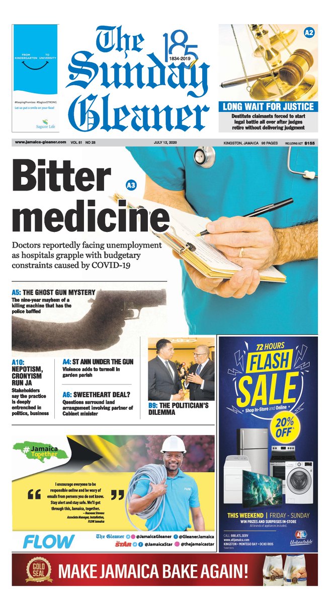 Sunday's front page of The Gleaner. Pick up a copy or read online: jamaica-gleaner.com.