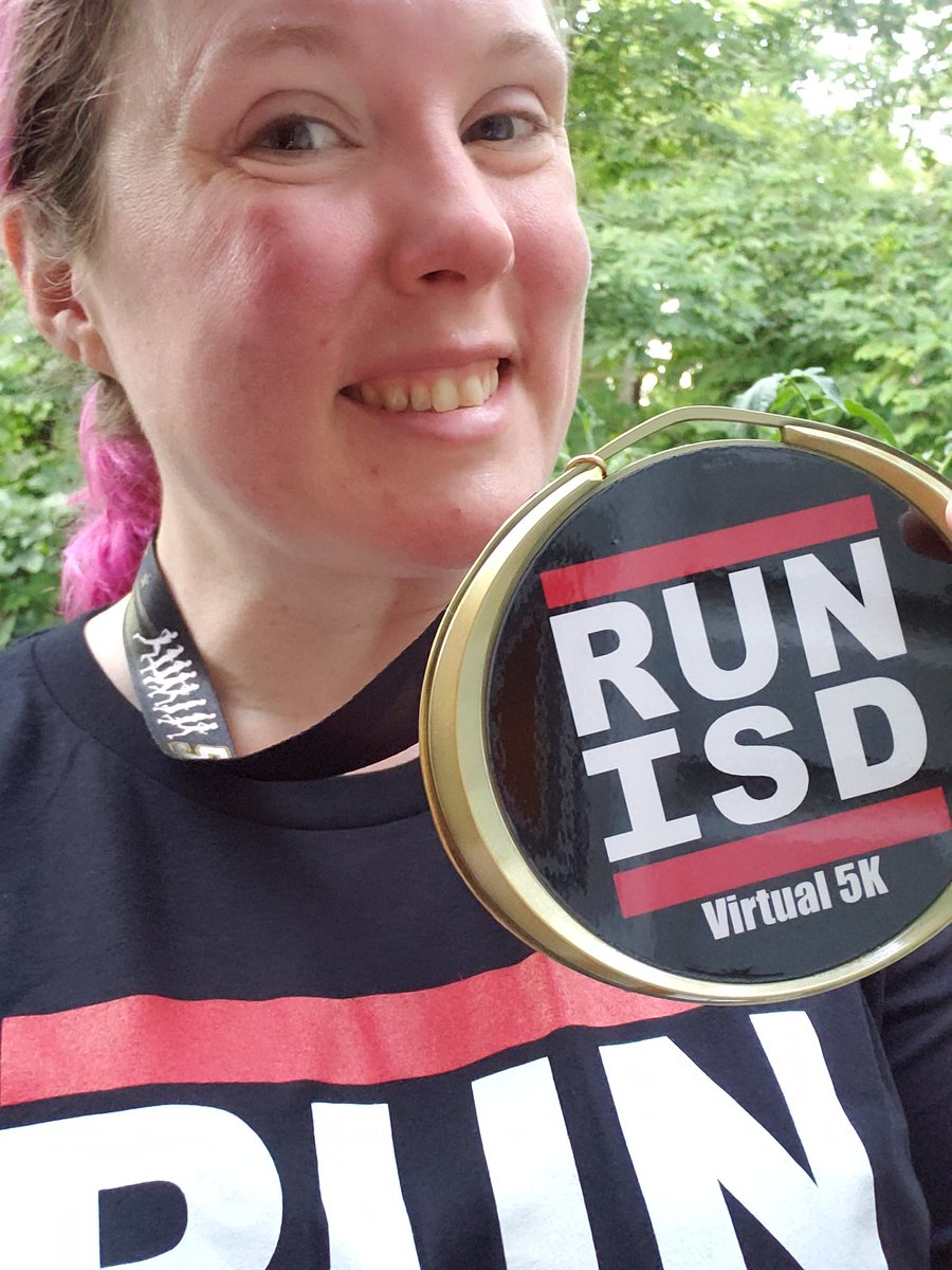 Morganarama's tweet photo. Got up before the sunrise to get in my #Virtual5K before that July humidity sets in. I feel like Flavor Flav in this medal, and I love it! @ISD_Wellness #RunISD #isdstrong https://t.co/d8eJBmmb26