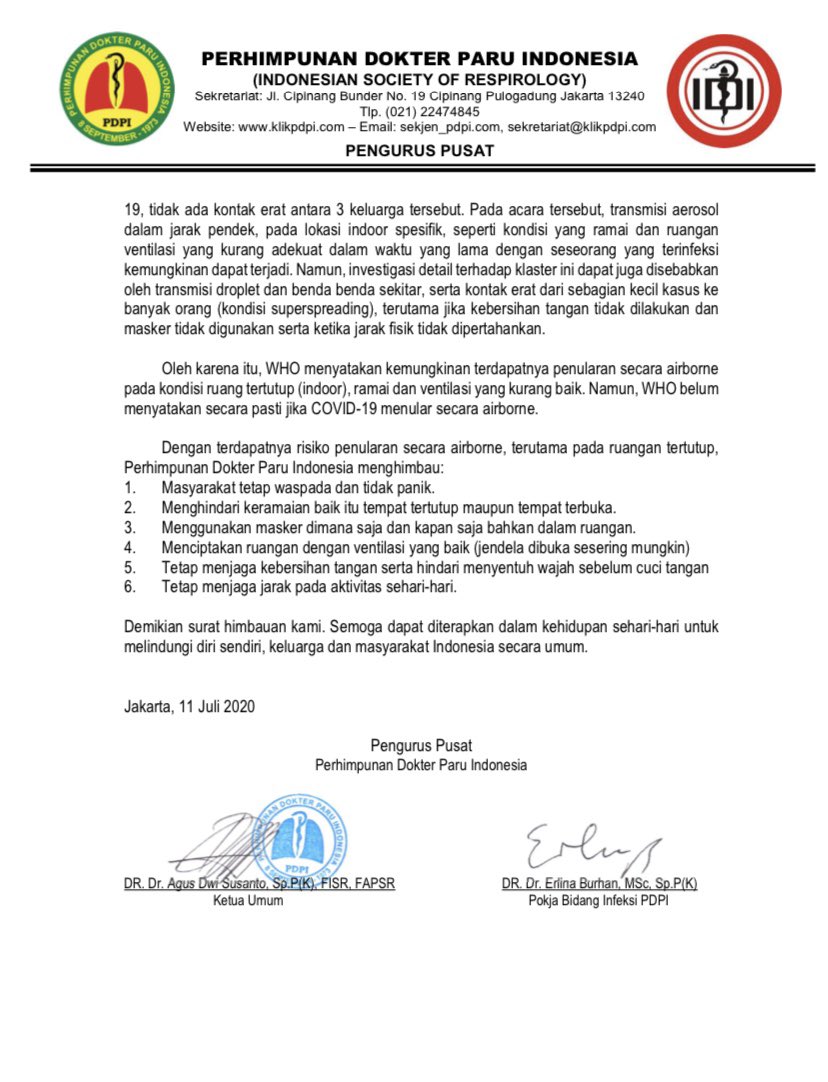 Himbauan Perhimpunan Dokter Paru Indonesia (PDPI) terkait Update Transmisi #COVID19:
Masyarakat tetap waspada tak panik, hindari keramaian, gunakan masker selalu dimana saja, atur ventilasi yg baik dalam ruangan, jaga kebersihan diri dan jaga jarak. ⁦<a href="/blogdokter/">dokterMade</a>⁩