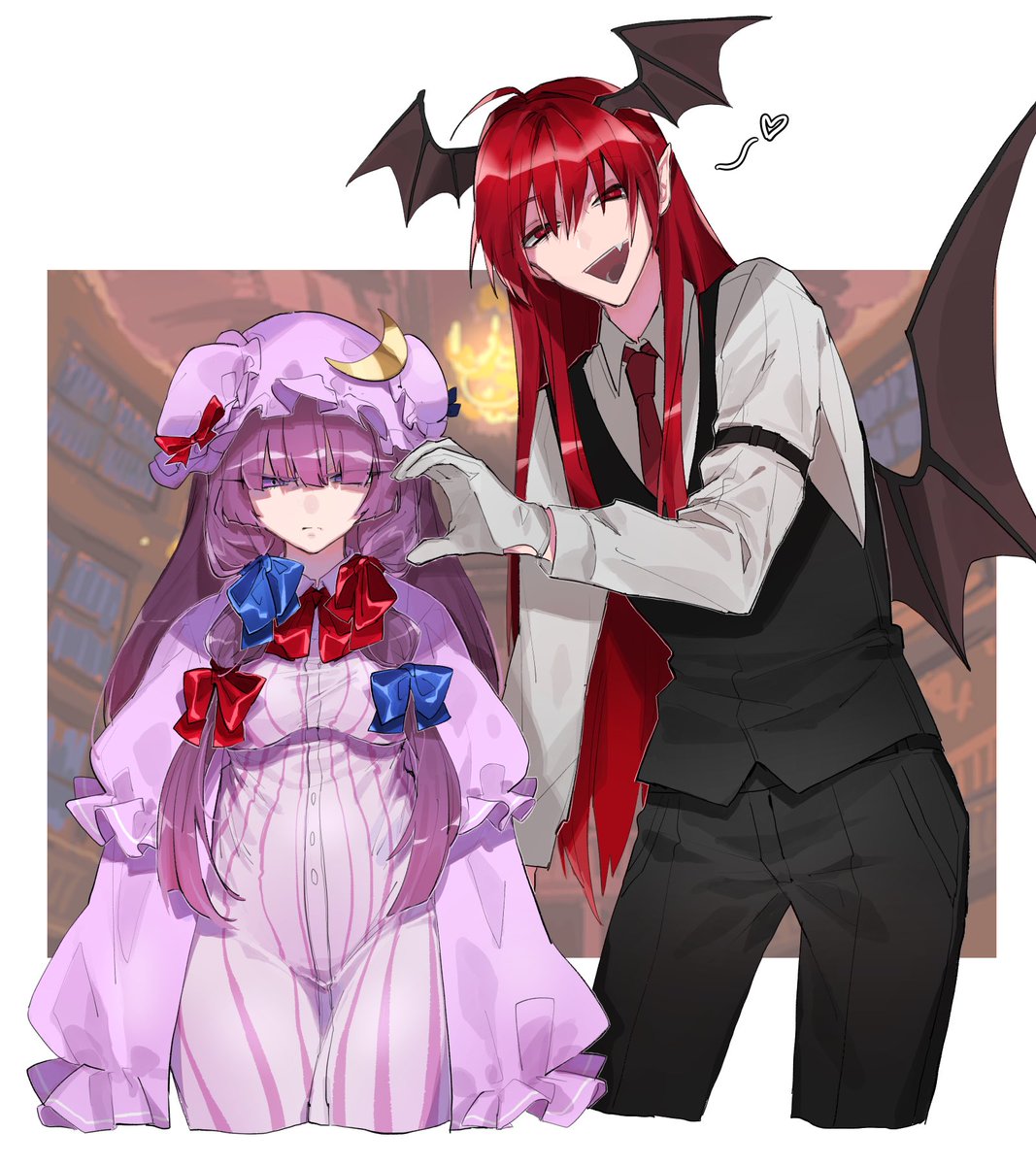 koakuma ,patchouli knowledge genderswap (ftm) red hair purple hair hat long hair wings genderswap  illustration images