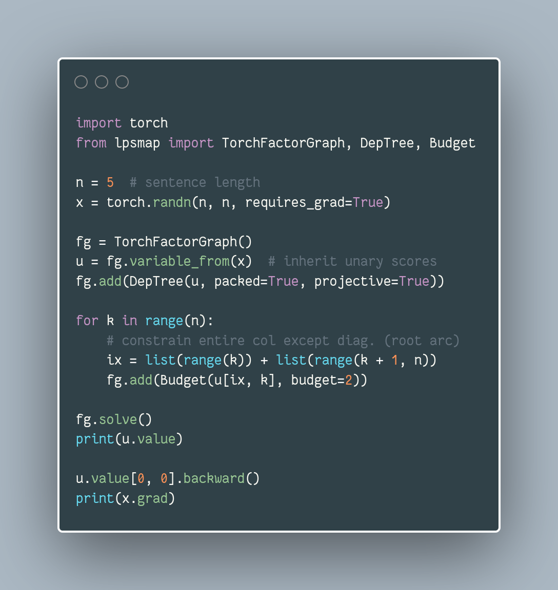vnfrombucharest's tweet image. LP-SparseMAP, my #icml2020 contribution with @andre_t_martins: sparse & structured hidden layers in the language of factor graphs.
See how easy it is to define a differentiable dependency parsing layer with constraints on the max. n. modifiers (say, to prevent flat trees) 
1/12